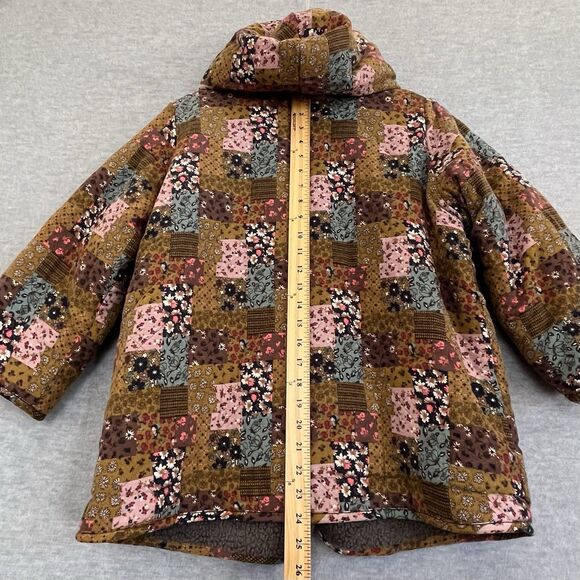 Patchwork Boho Fleece Chore Coat M/L Hooded Reversible Embroidered Cottagecore - Picture 11 of 12